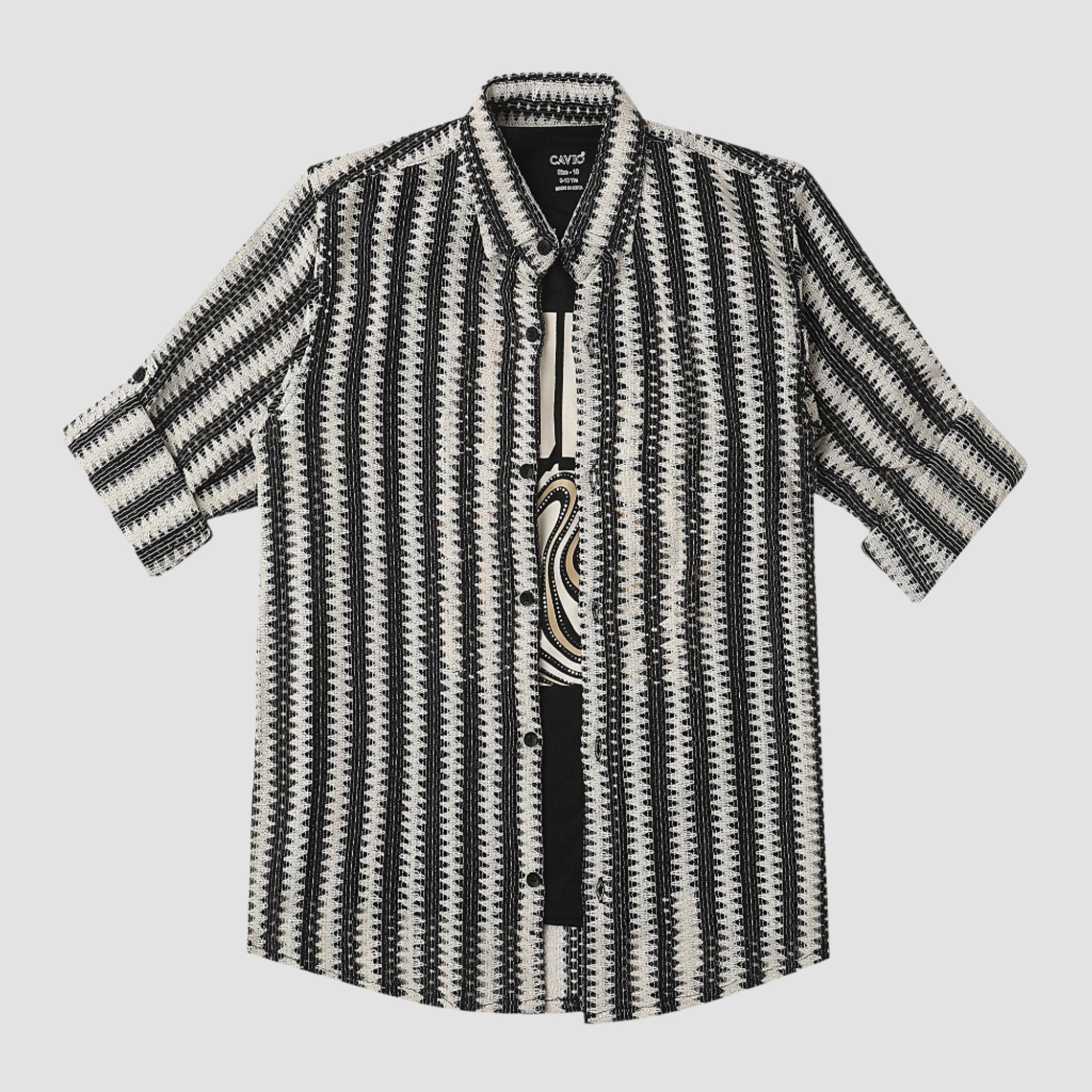 CAVIO Boys Cotton Knited Full Sleeves Striped Shirt With T-Shirt - Black