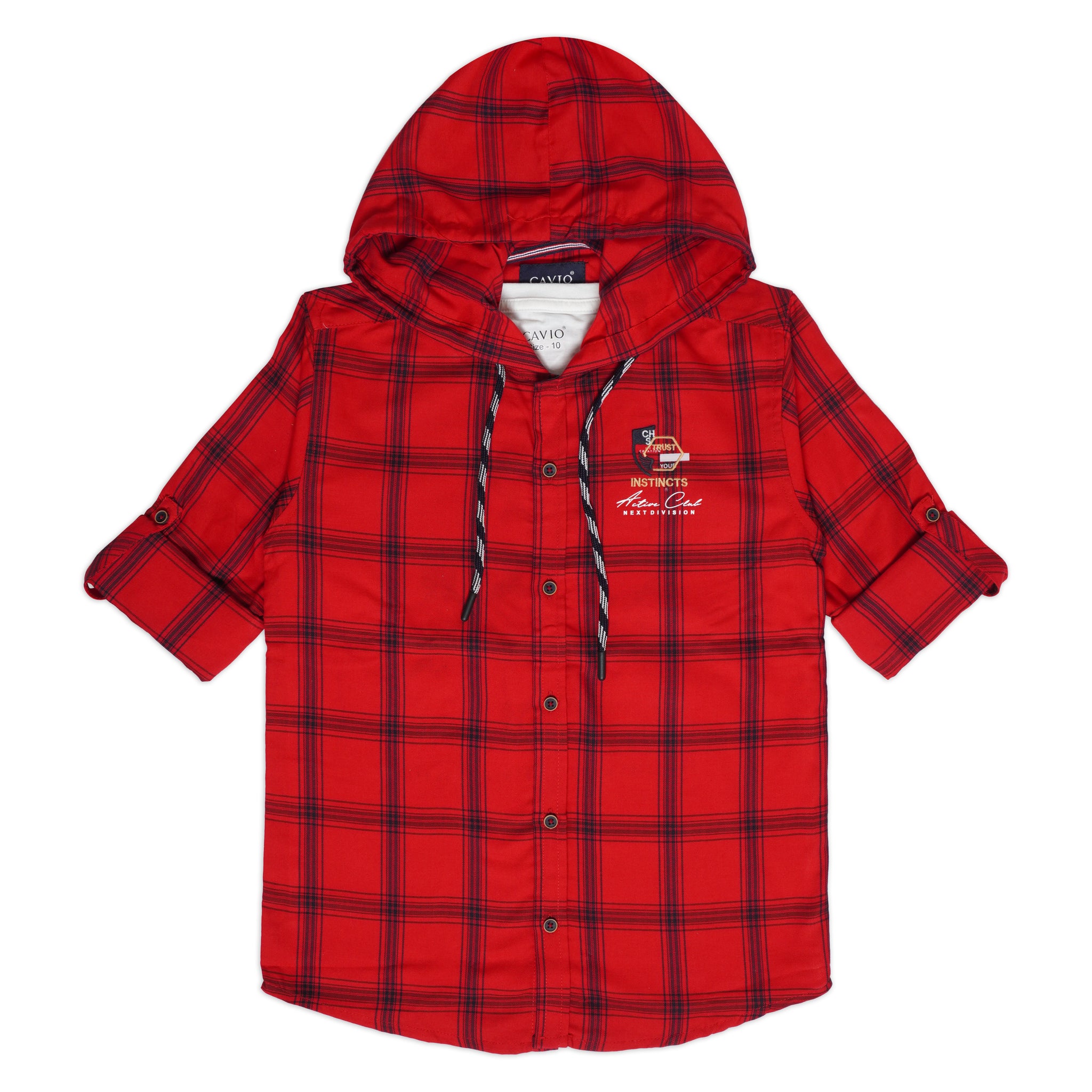 Boys Comfort Fit Tartan Checked Hooded Pure Cotton Casual Shirt With T Shirt