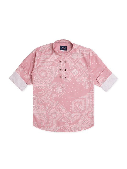 Boys Comfort Ethnic Motifs Printed Roll Up Sleeves Pure Cotton Casual Shirt