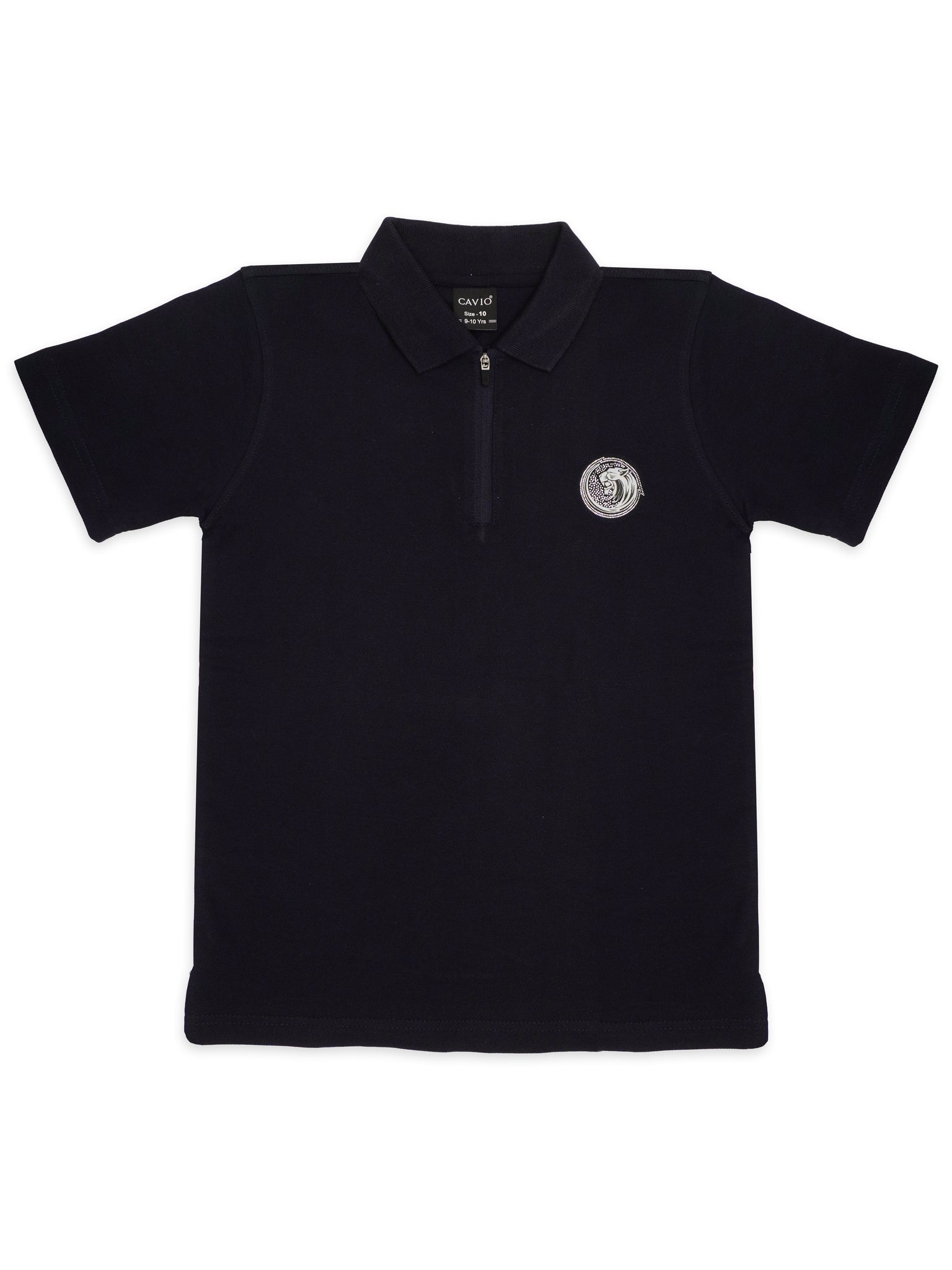 Boys Black Polo Collar Pure Cotton Applique T-shirt