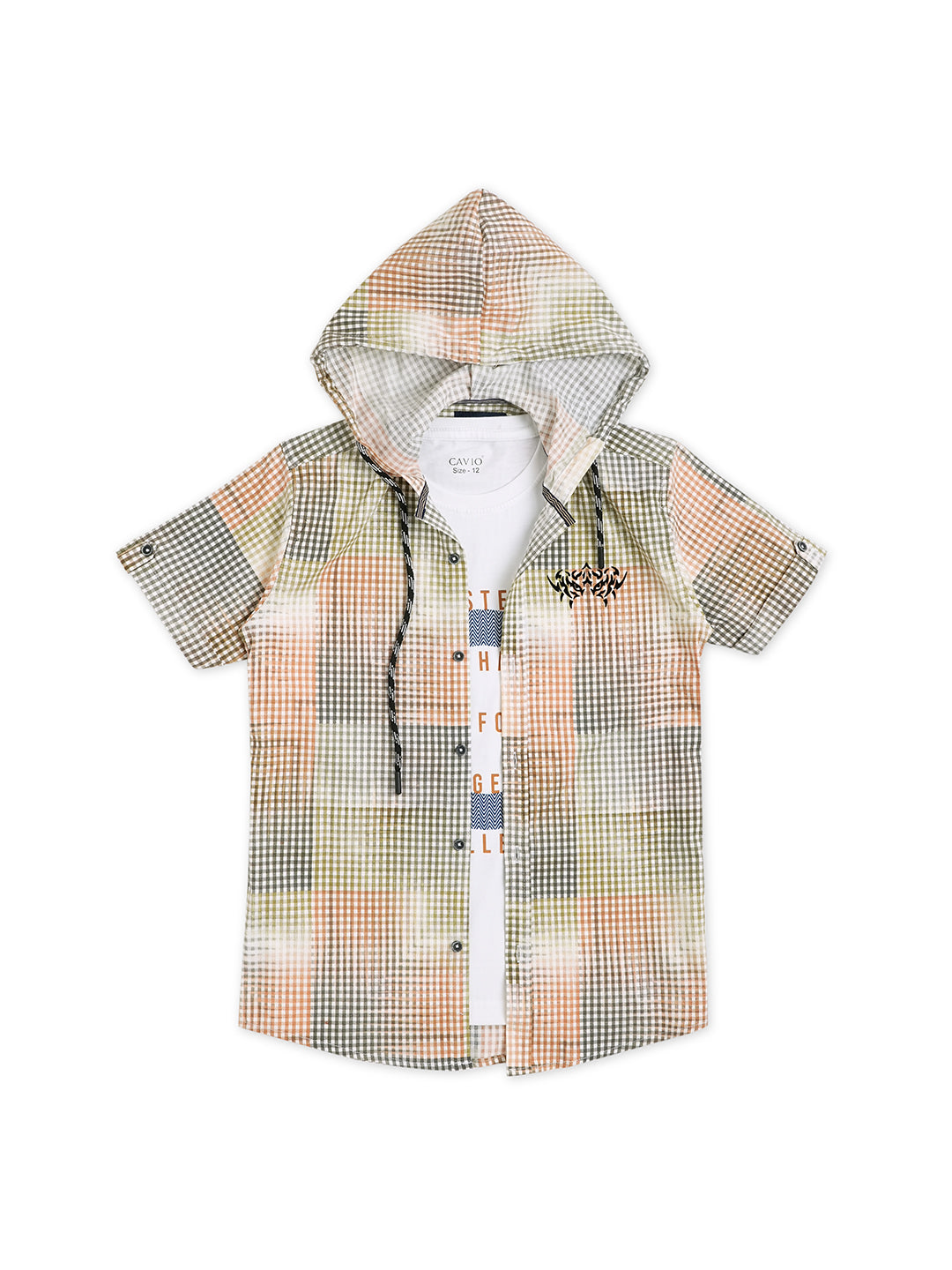 Boys Comfort Checked Hooded Pure Cotton Casual Shirt With T Shirt