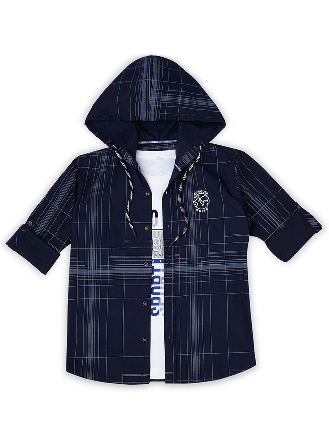 Boys Comfort Windowpane Checks Roll-Up Sleeves Cotton Casual Shirt With T Shirt