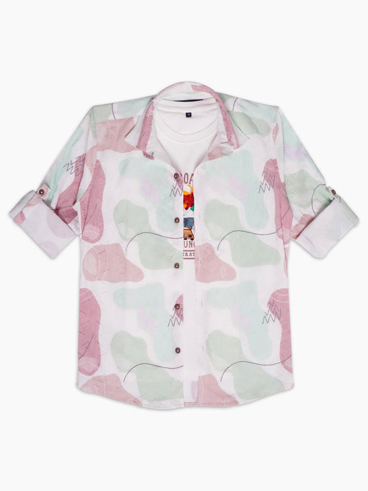 Boys Comfort Abstract Printed Roll-Up Sleeves Pure Cotton Casual Shirt With T Shirt