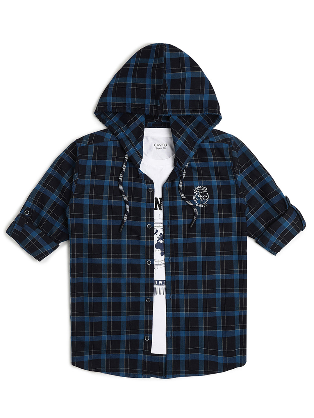 Boys Comfort Tartan Checks Hooded Cotton Casual Shirt With T Shirt