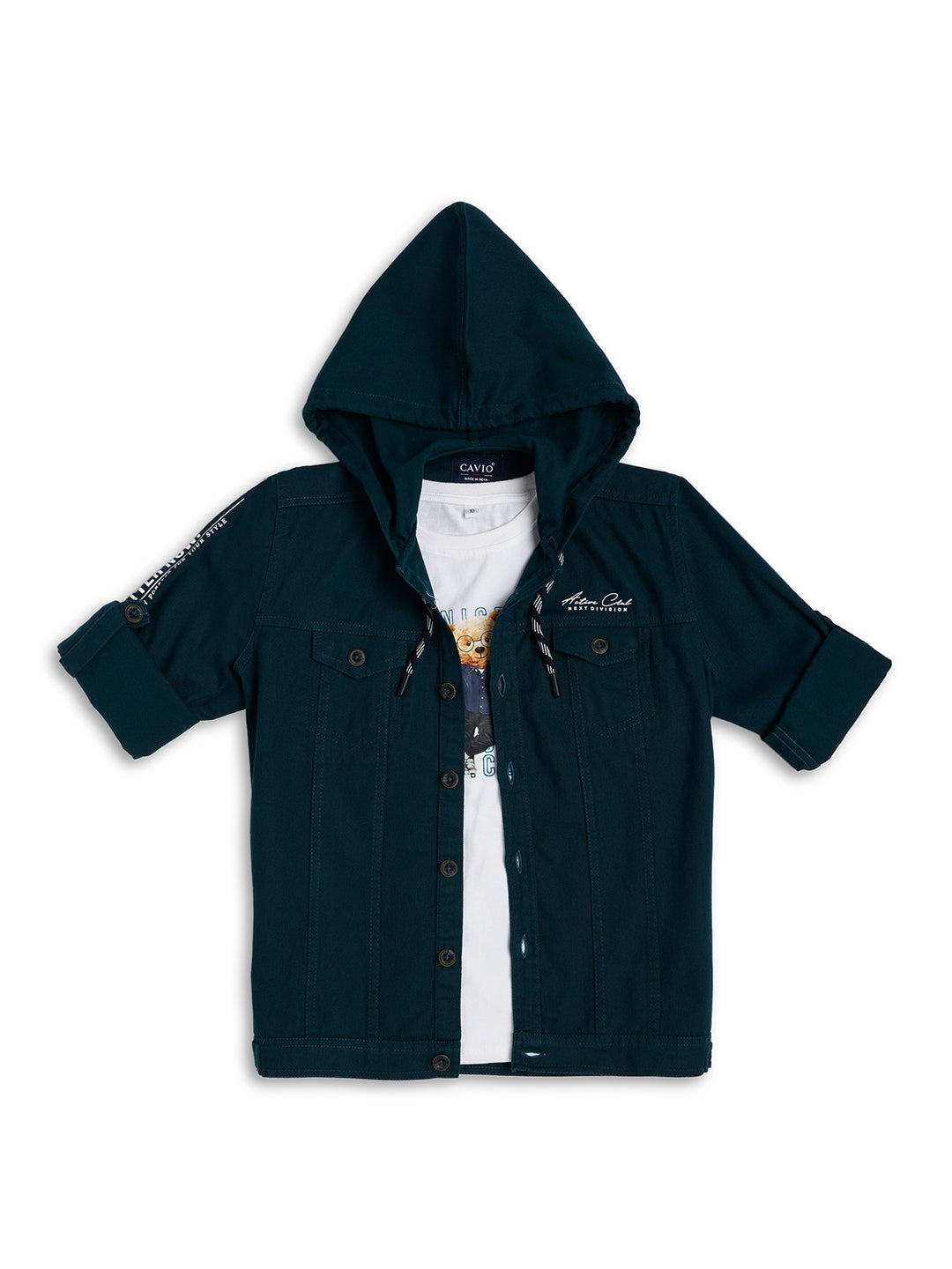 Boys Hooded Pure Cotton Denim Jacket With Printed T shirt