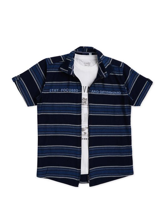 Boys Comfort Horizontal Striped Pure Cotton Casual Shirt with Printed T Shirt