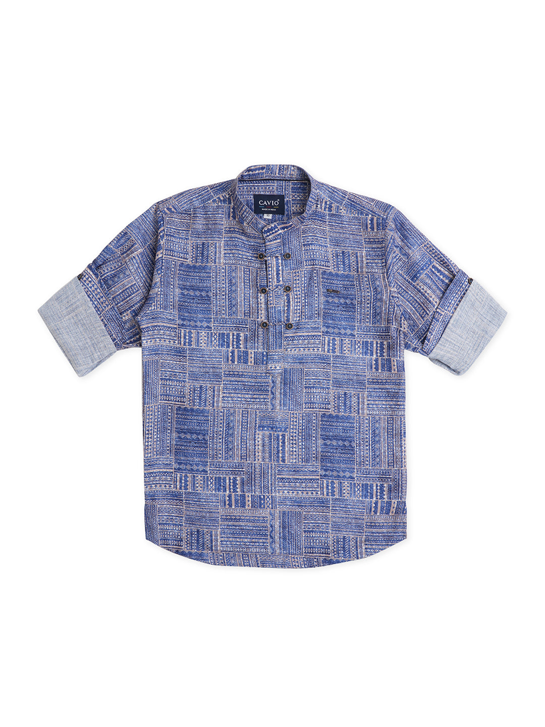 Boys Comfort Geometric Printed Roll Up Sleeves Pure Cotton Casual Shirt