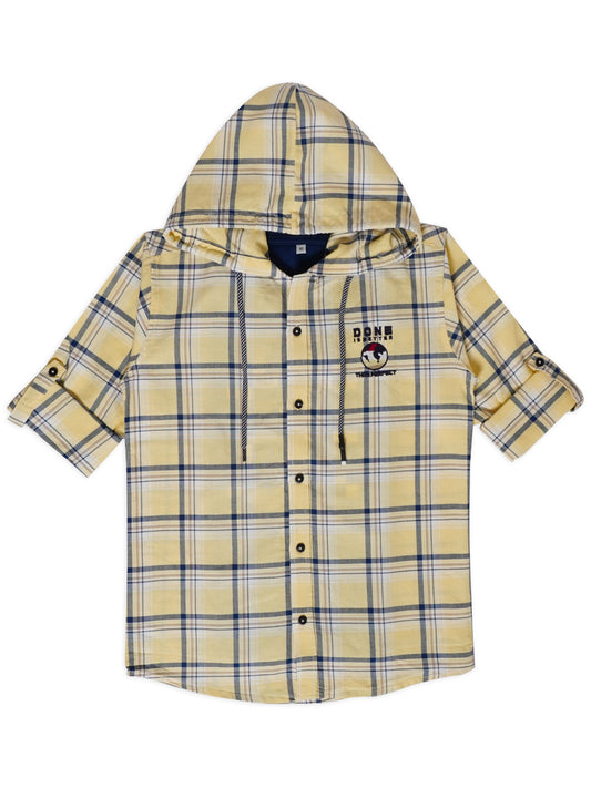 Boys Comfort Fit Tartan Checked Hooded Pure Cotton Casual Shirt With T Shirt