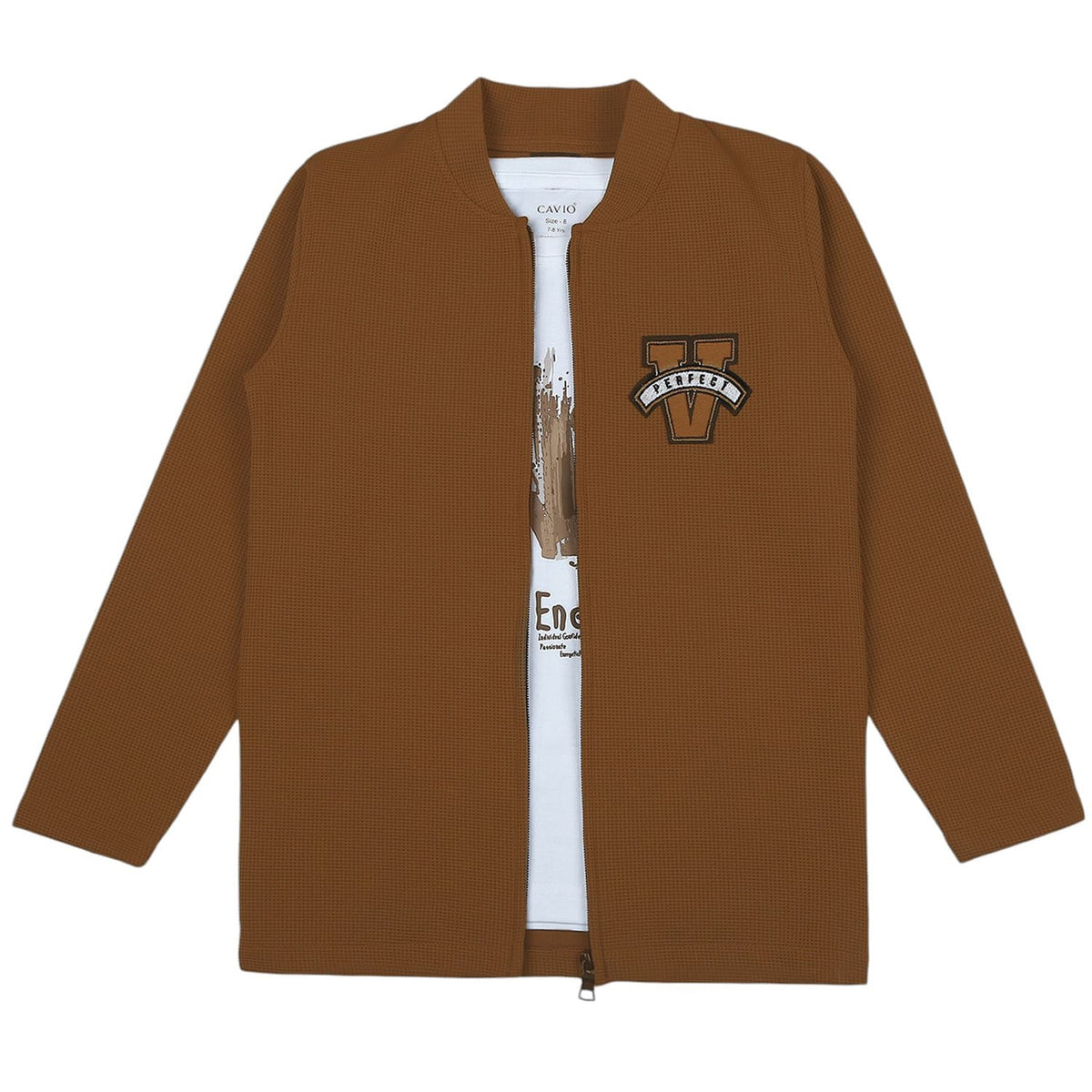 CAVIO Boys Cotton Blend Full Sleeves Zipper Jacket and T-Shirt Brown