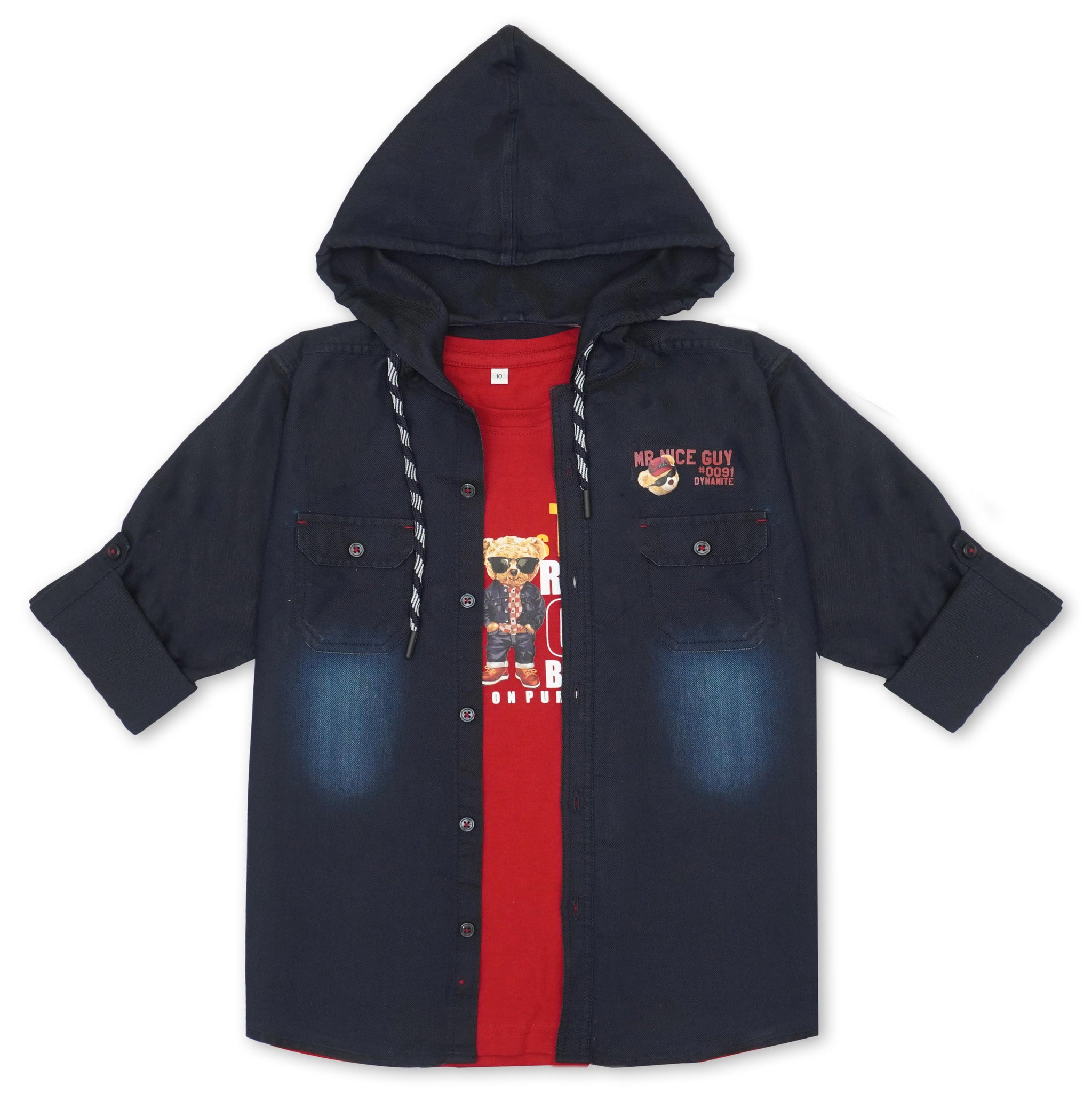 Boys Denim Hooded Pure Cotton Shirt With T-Shirt