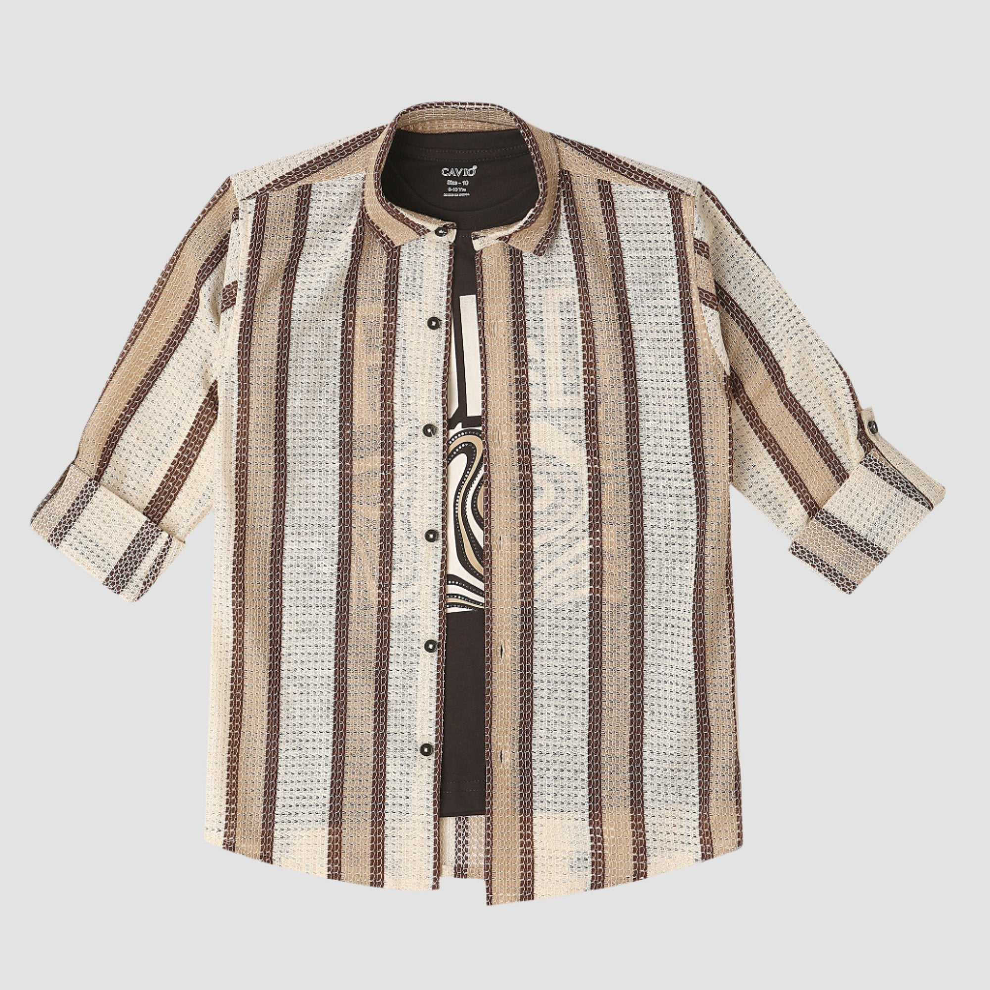 CAVIO Boys Cotton Knited Full Sleeves Striped Shirt With T-Shirt - Brown