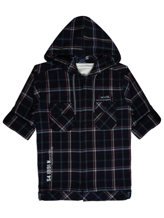 Boys Comfort Fit Tartan Checked Hooded Pure Cotton Casual Shirt With T Shirt