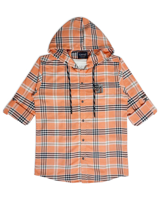 Boys Comfort Fit Tartan Checked Hooded Pure Cotton Casual Shirt With T Shirt