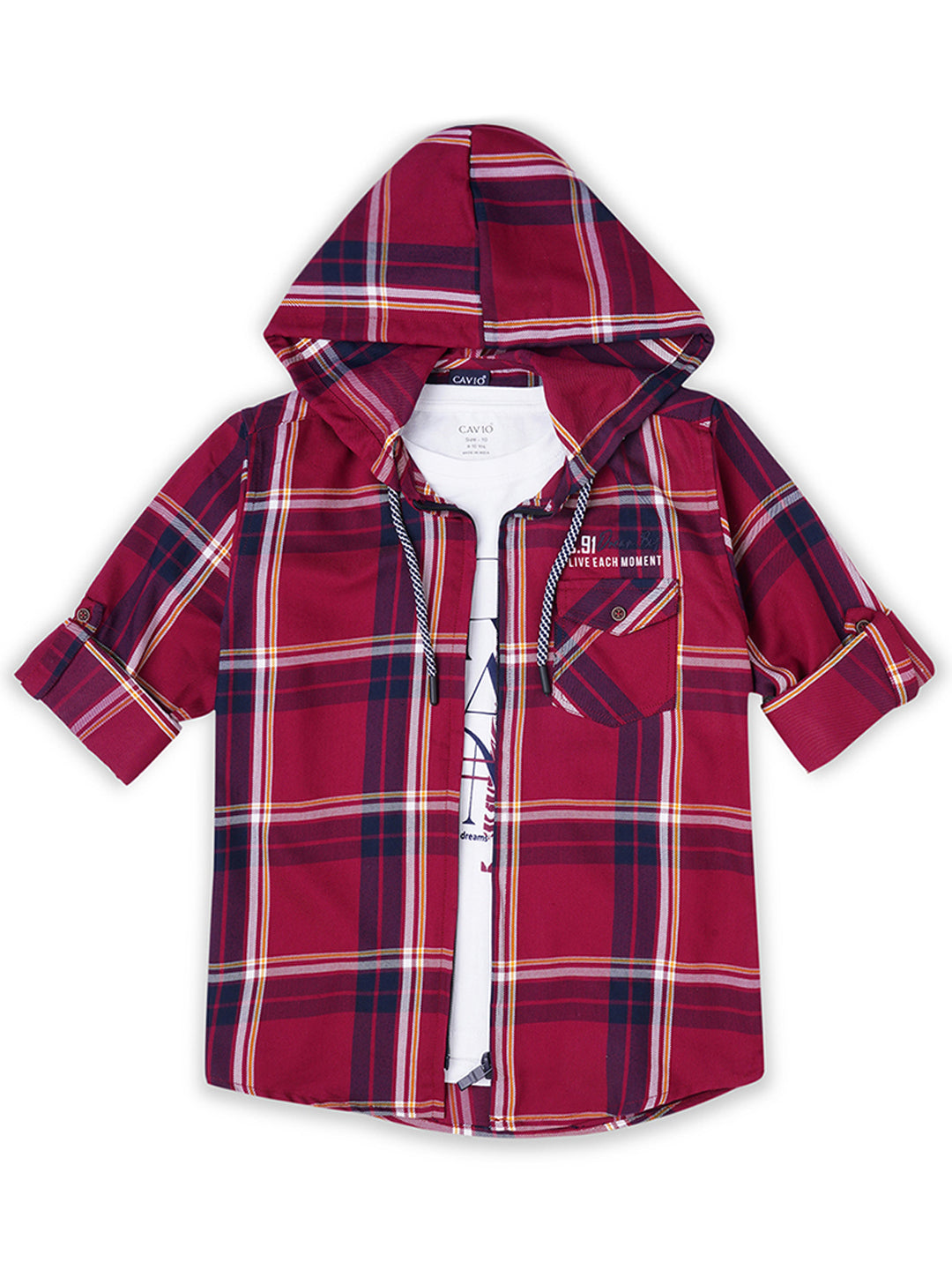 Boys Comfort Tartan Checks Roll-Up Sleeves Cotton Casual Shirt With T Shirt