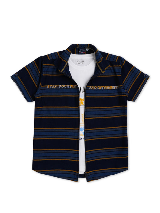 Boys Comfort Stripes Striped Casual Pure Cotton Shirt With T shirt