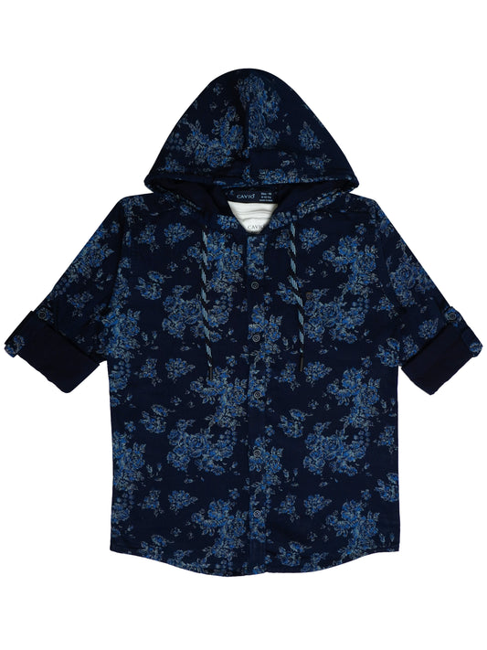 Boys Blue Comfort Fit Floral Printed Hooded Pure Cotton Casual Shirt With T Shirt