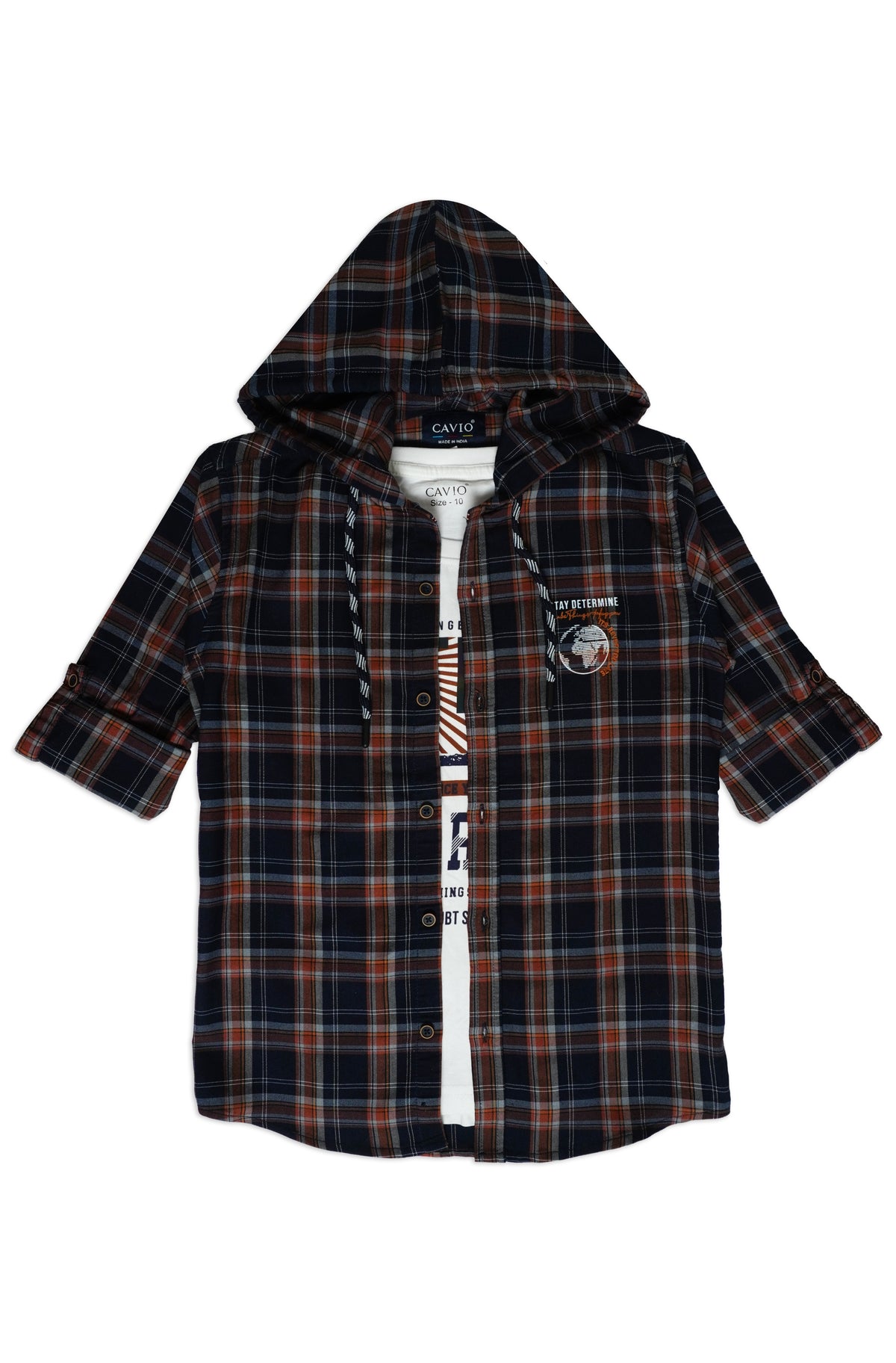 Boys Comfort Fit Tartan Checked Hooded Pure Cotton Casual Shirt With T Shirt