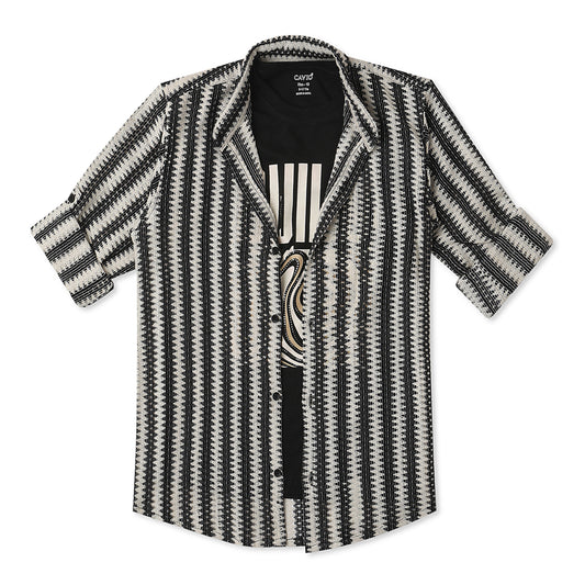 CAVIO Boys Cotton Knited Full Sleeves Striped Shirt With T-Shirt - Black