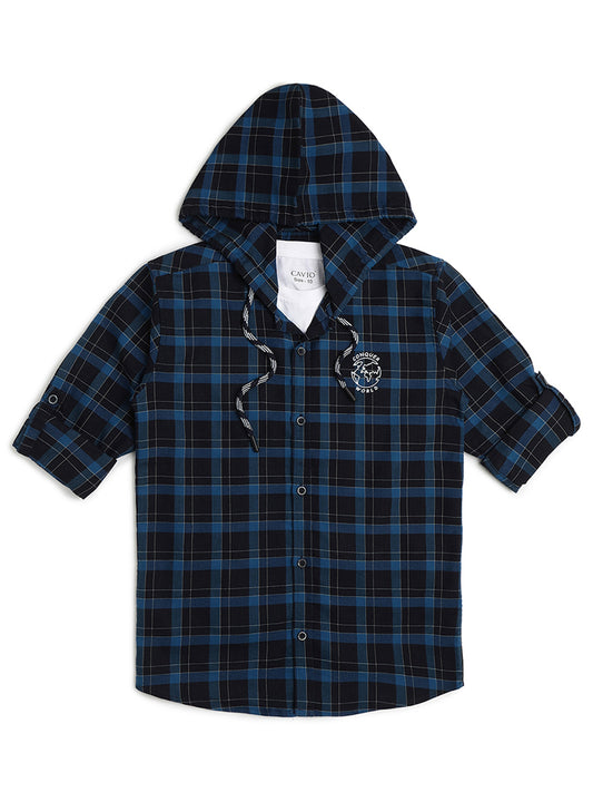 Boys Comfort Tartan Checks Hooded Cotton Casual Shirt With T Shirt