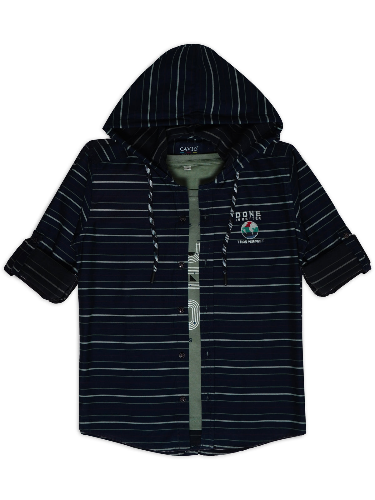 Boys Comfort Fit Horizontal Striped Hooded Pure Cotton Casual Shirt With T Shirt