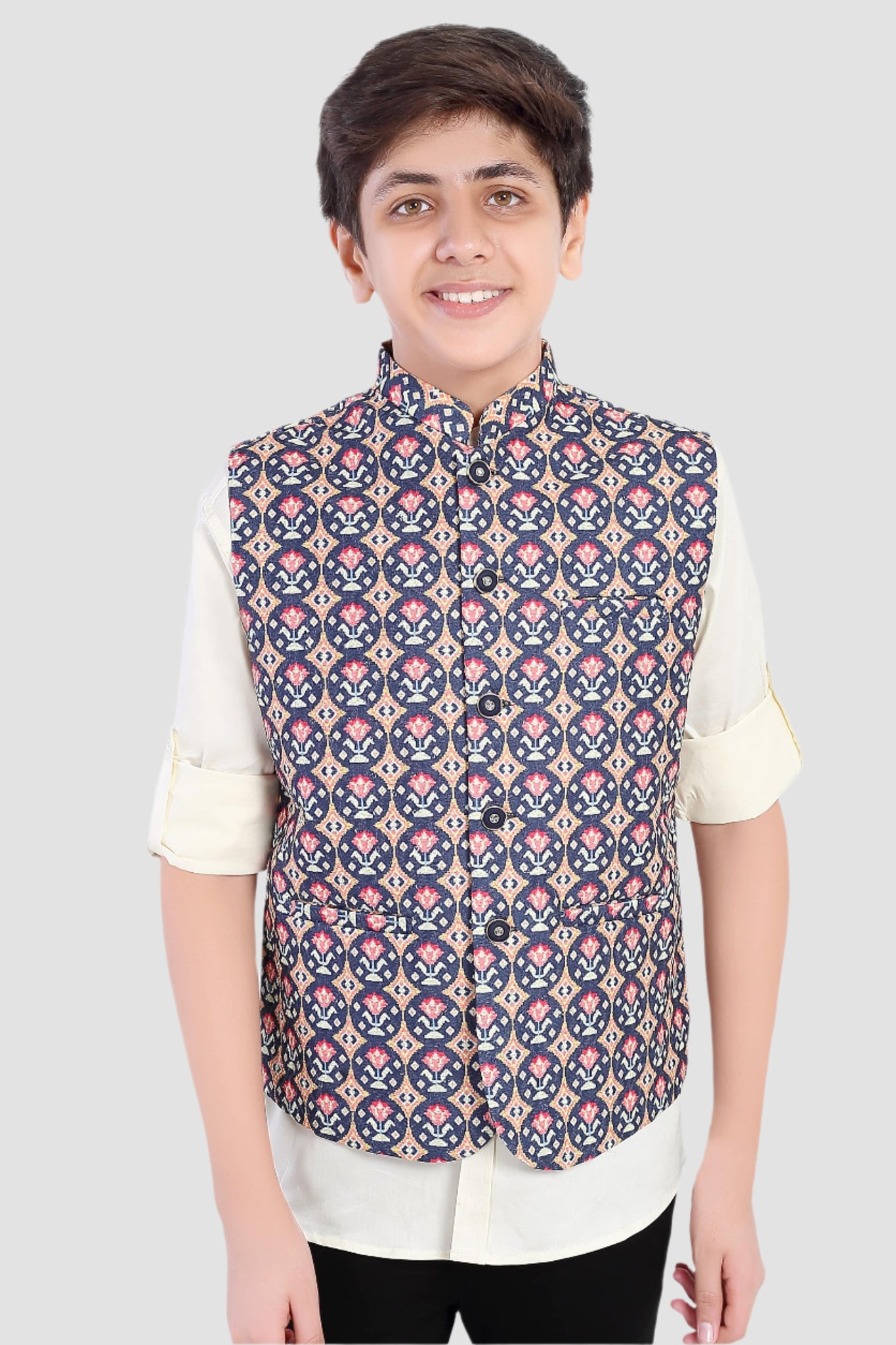 CHARCHIT Boys Printed Nehru Jacket and Shirt - Navy