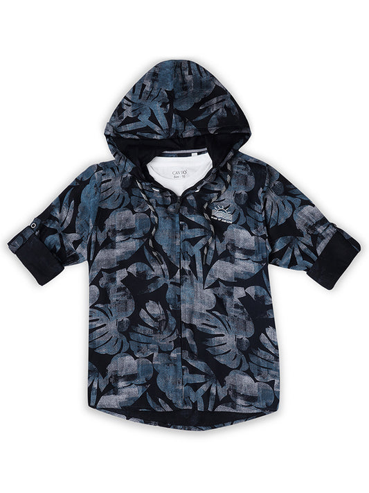 Boys Floral Printed Cotton Hooded Comfort Opaque Casual Shirt With T Shirt