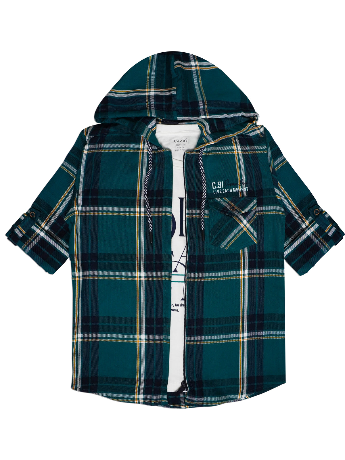 Boys Comfort Fit Tartan Checked Hooded Pure Cotton Casual Shirt With T Shirt