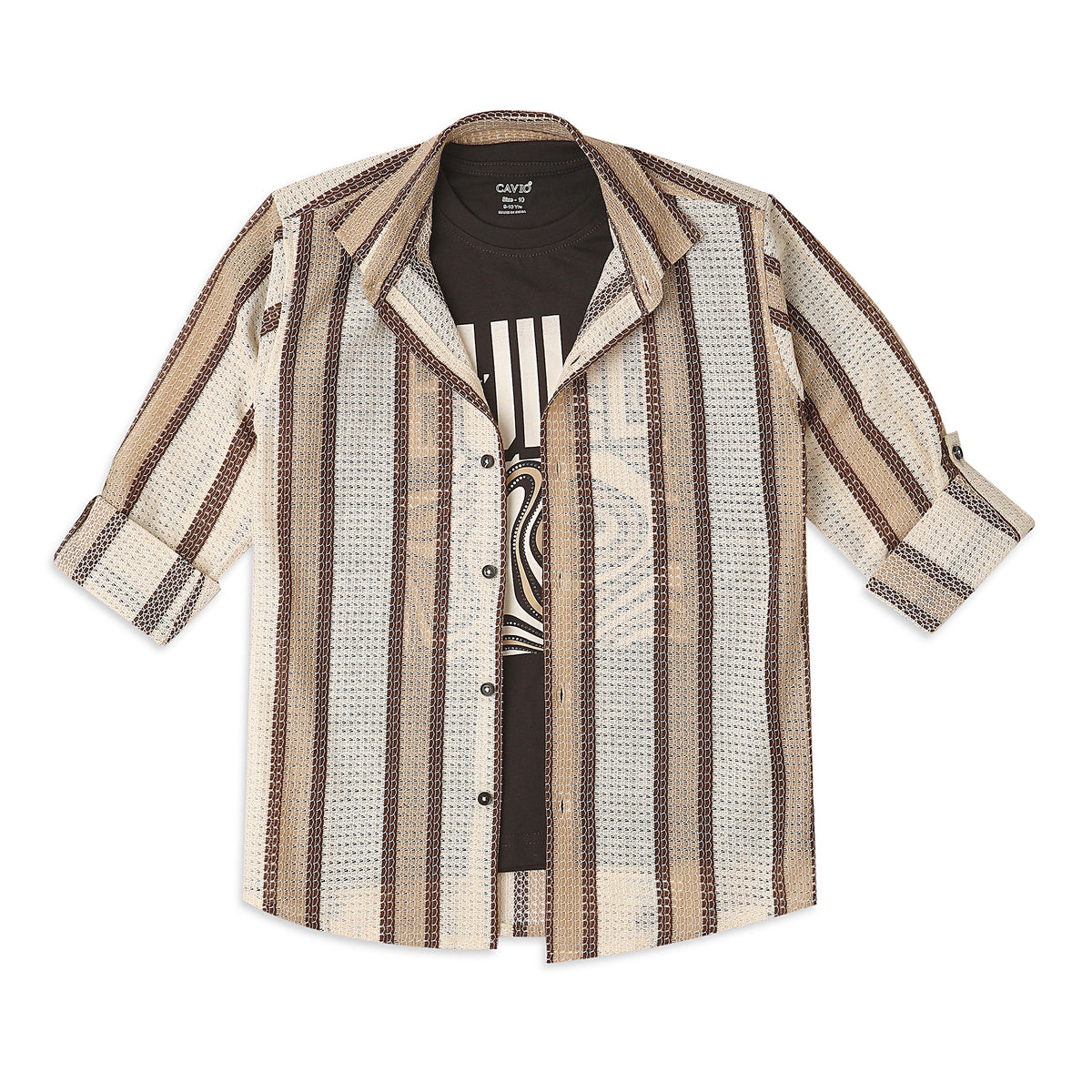 CAVIO Boys Cotton Knited Full Sleeves Striped Shirt With T-Shirt - Brown