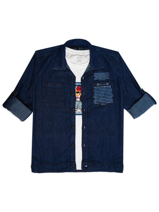 Boys Comfort Fit Pure Cotton Denim Casual Shirt With T Shirt