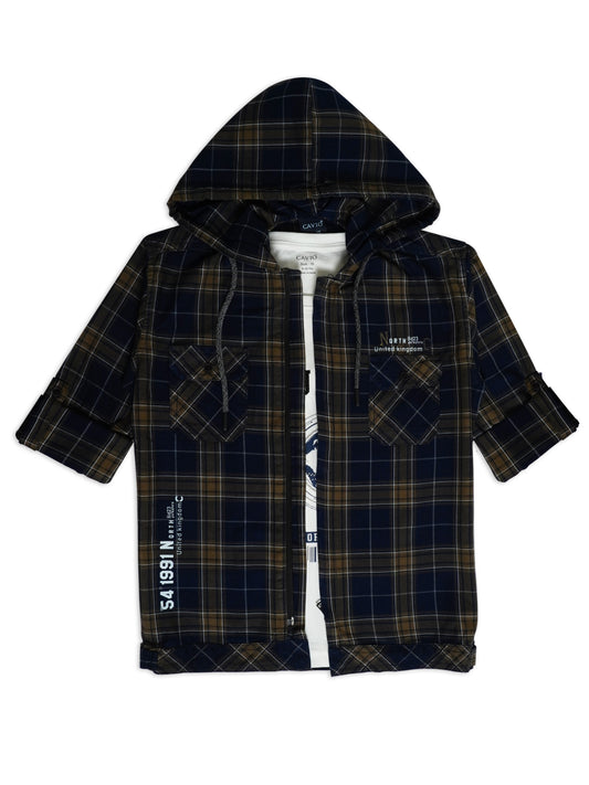 Boys Comfort Fit Tartan Checked Hooded Pure Cotton Casual Shirt With T Shirt