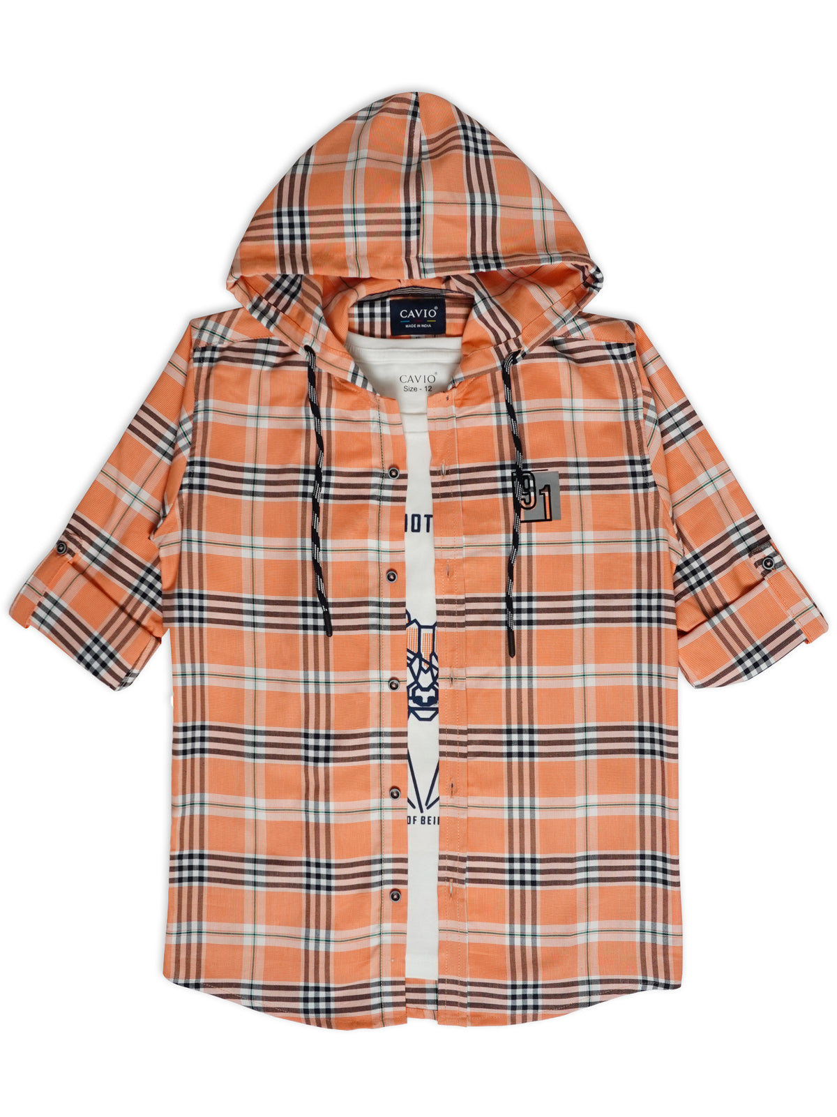 Boys Comfort Fit Tartan Checked Hooded Pure Cotton Casual Shirt With T Shirt