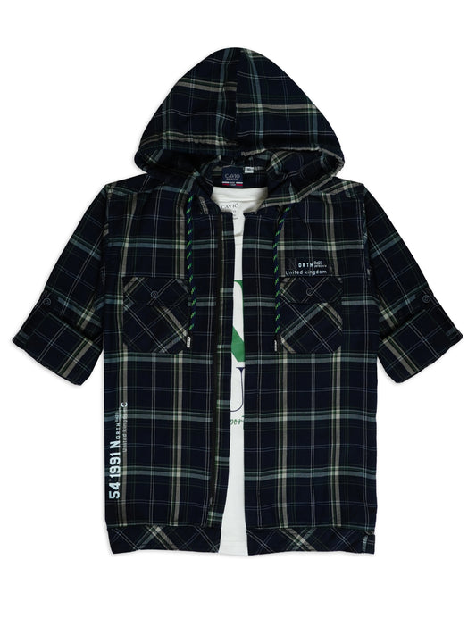 Boys Comfort Fit Tartan Checked Hooded Pure Cotton Casual Shirt With T Shirt