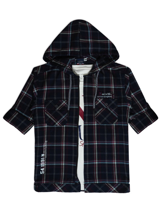 Boys Comfort Fit Tartan Checked Hooded Pure Cotton Casual Shirt With T Shirt