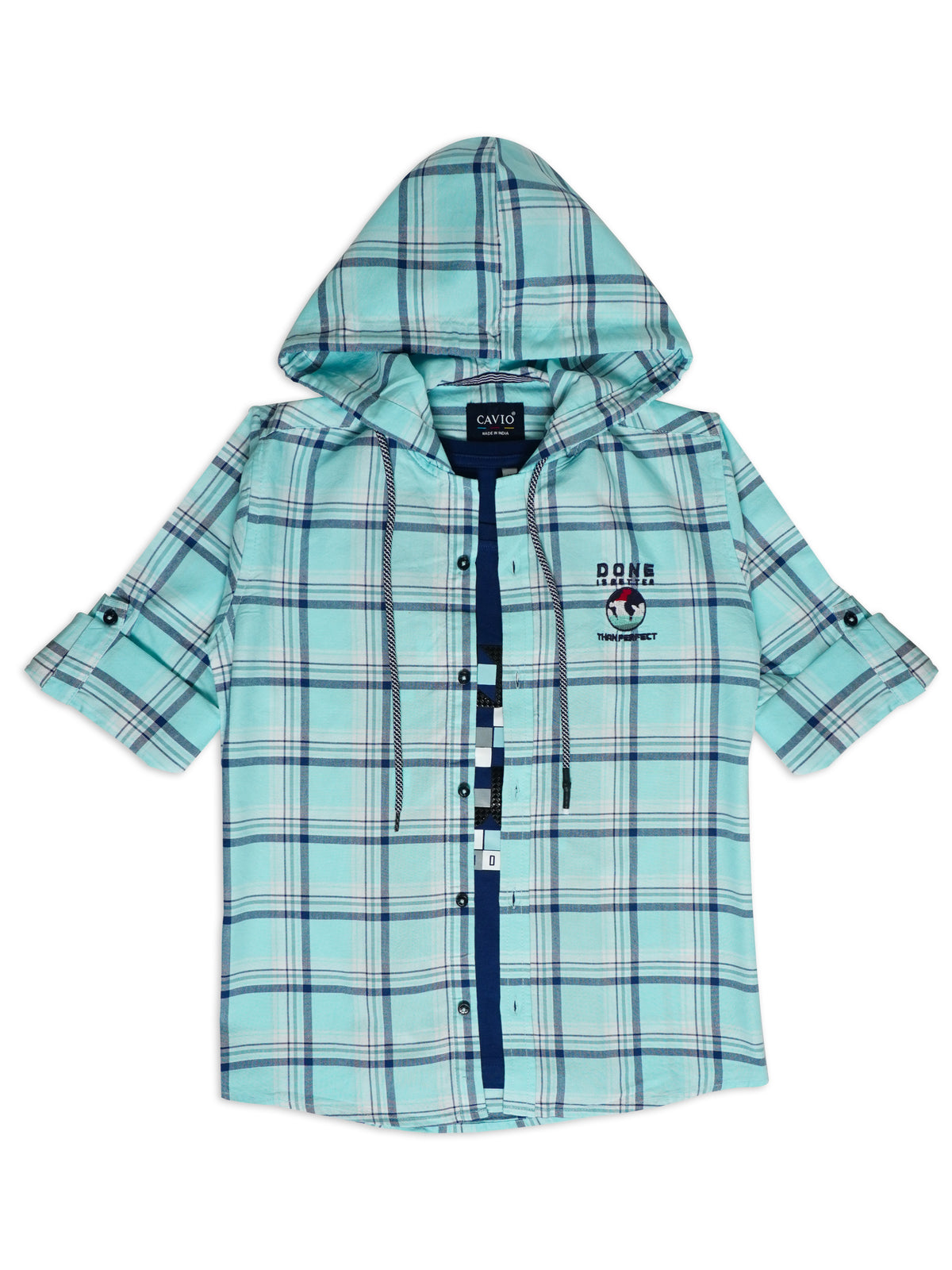 Boys Comfort Windowpane Checked Hooded Pure Cotton Casual Shirt With T Shirt