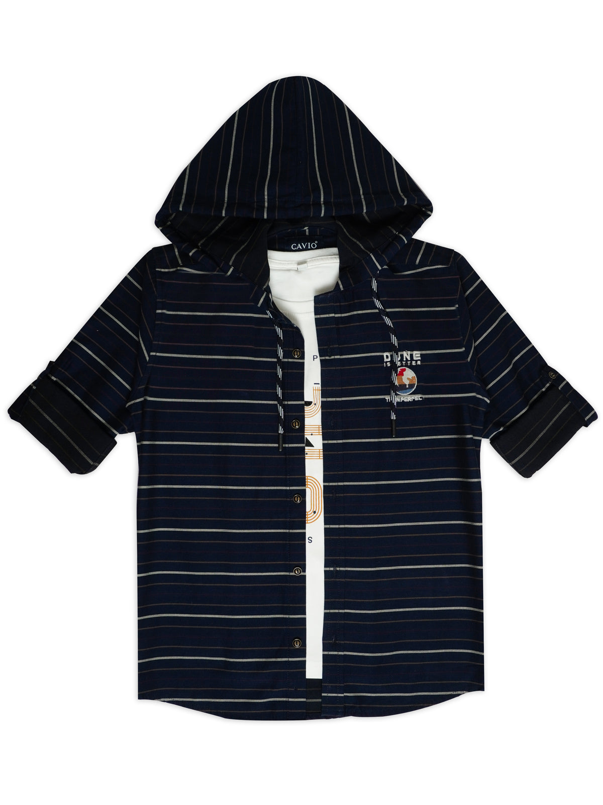 Boys Comfort Horizontal Striped Hooded Pure Cotton Casual Shirt With T Shirt