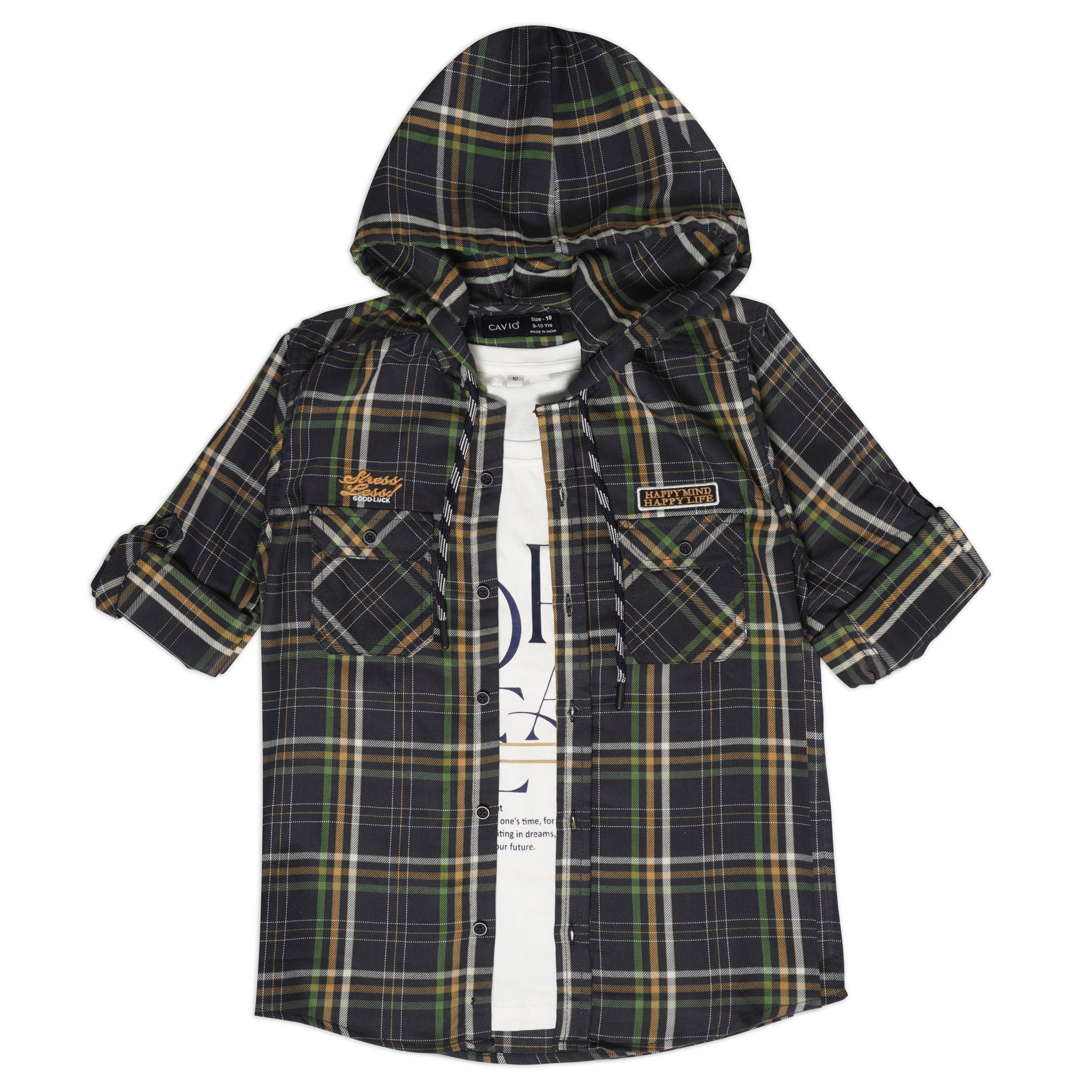 Boys Comfort Tartan Checks Hooded Pure Cotton Casual Shirt With T Shirt