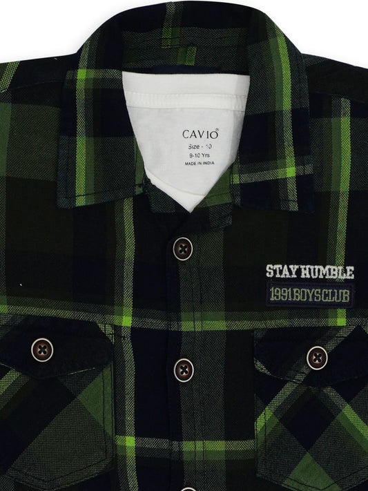 Boys Green Comfort Tartan Checks Opaque Checked Casual Shirt