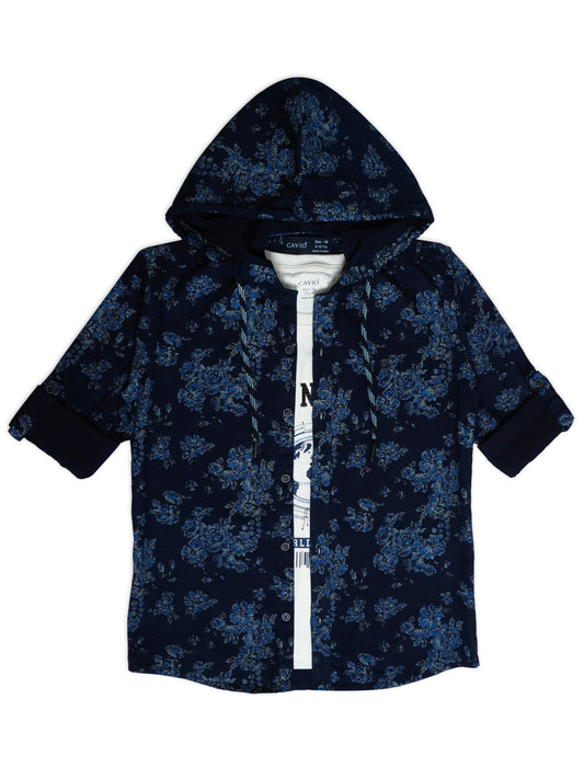 Boys Blue Comfort Fit Floral Printed Hooded Pure Cotton Casual Shirt With T Shirt