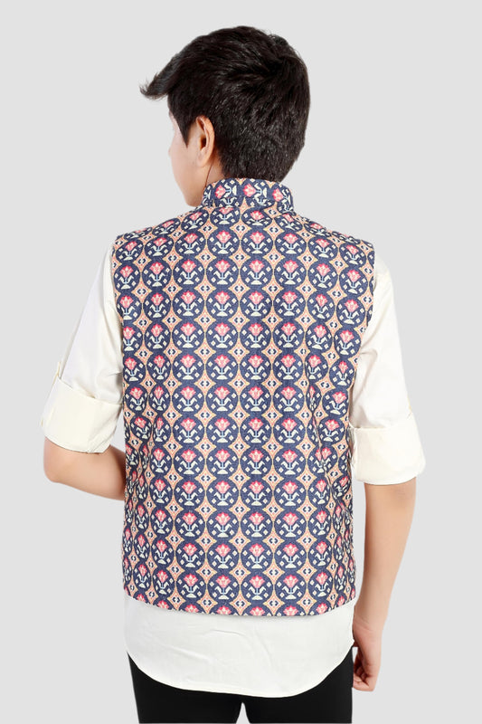 CHARCHIT Boys Printed Nehru Jacket and Shirt - Navy