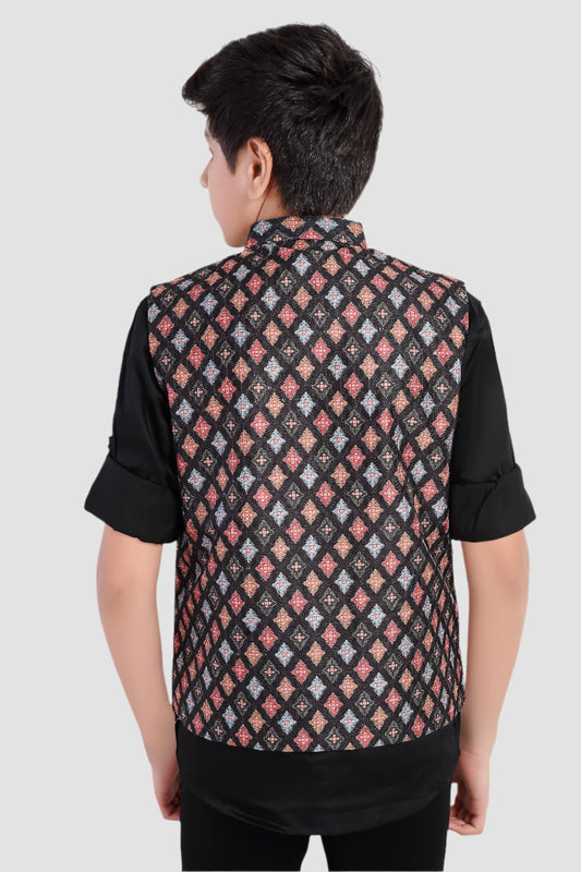 CHARCHIT Boys Printed Nehru Jacket and Shirt - Black