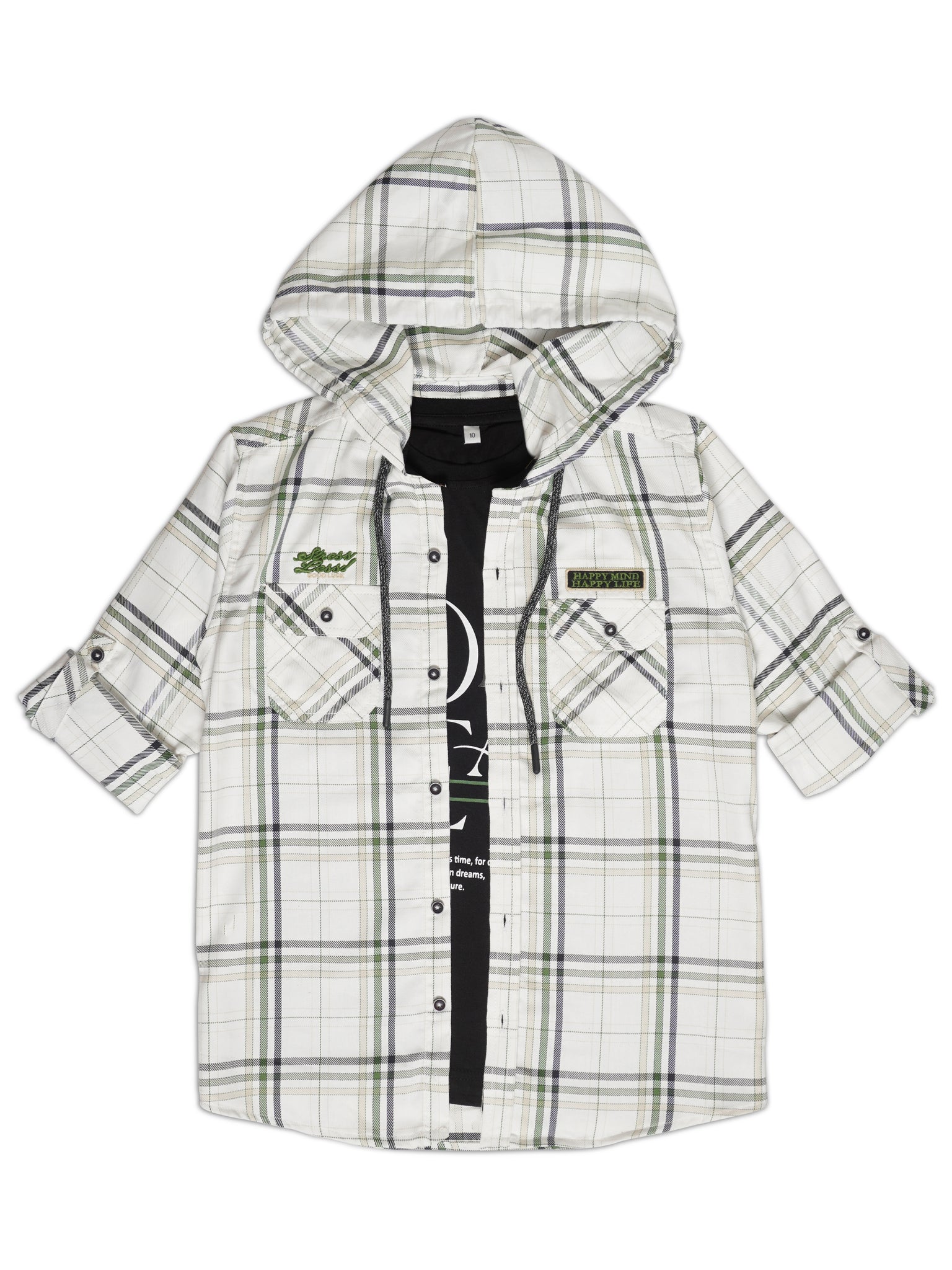 Boys Checked Cotton Hooded Comfort Opaque Casual Shirt With T-Shirt