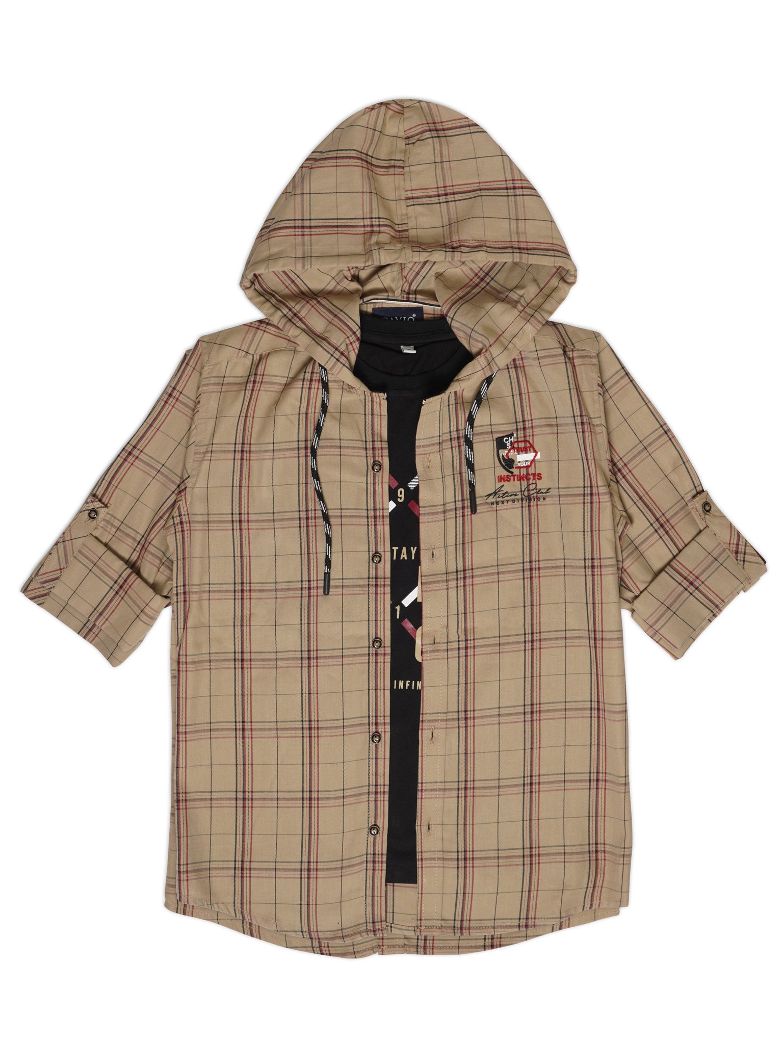 Boys Comfort Tartan Checks Hooded Cotton Casual Shirt With T shirt