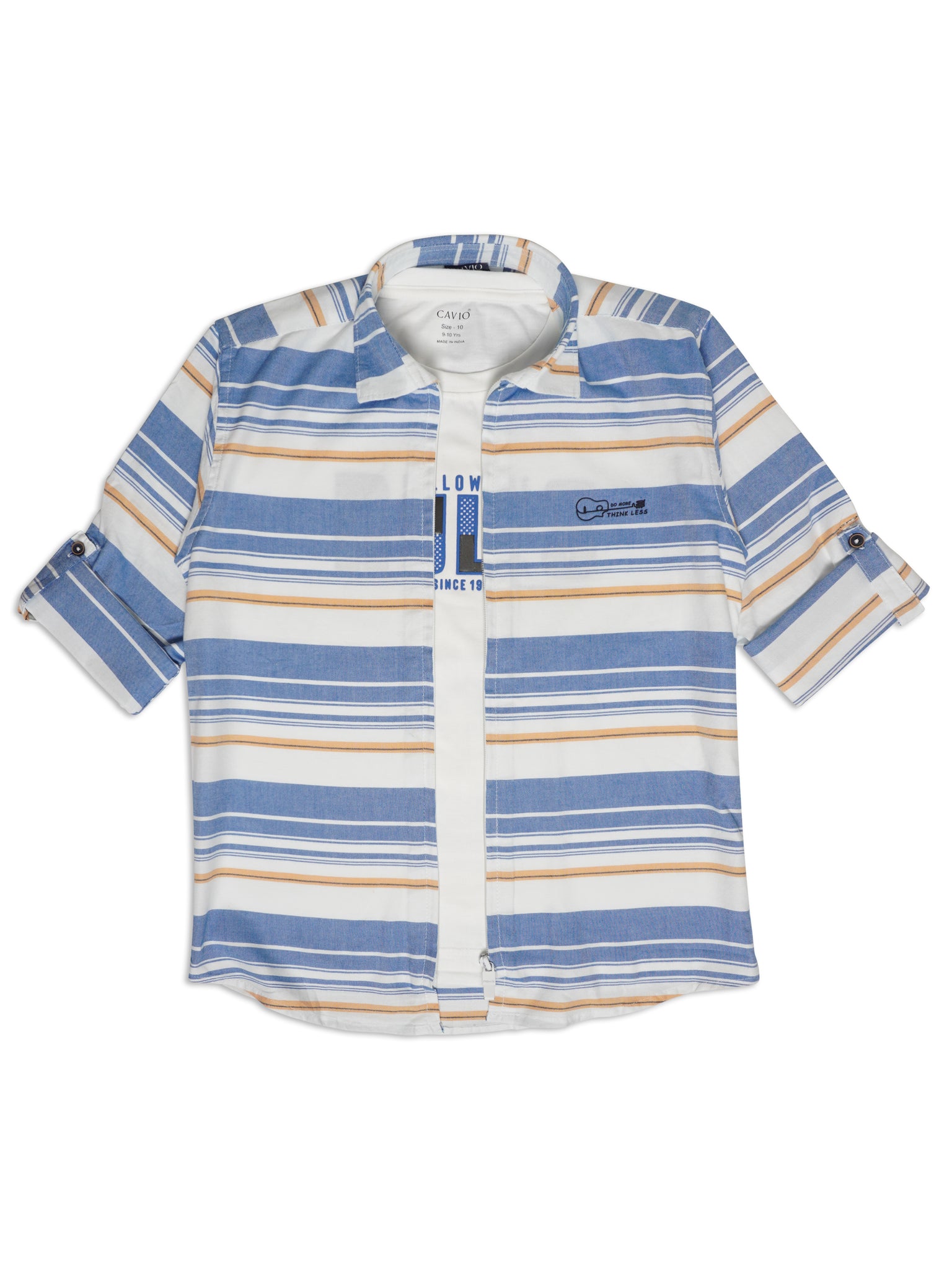 Boys Horizontal Striped Comfort Regular Fit Opaque Cotton Casual Shirt With T Shirt