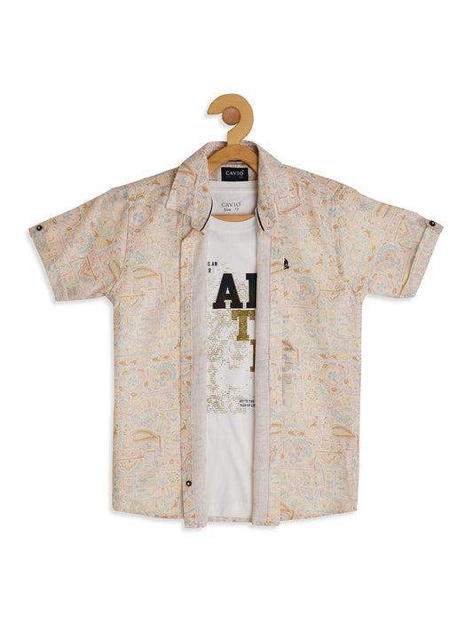 Boys Comfort Fit Floral Printed Casual Shirt With Printed T shirt