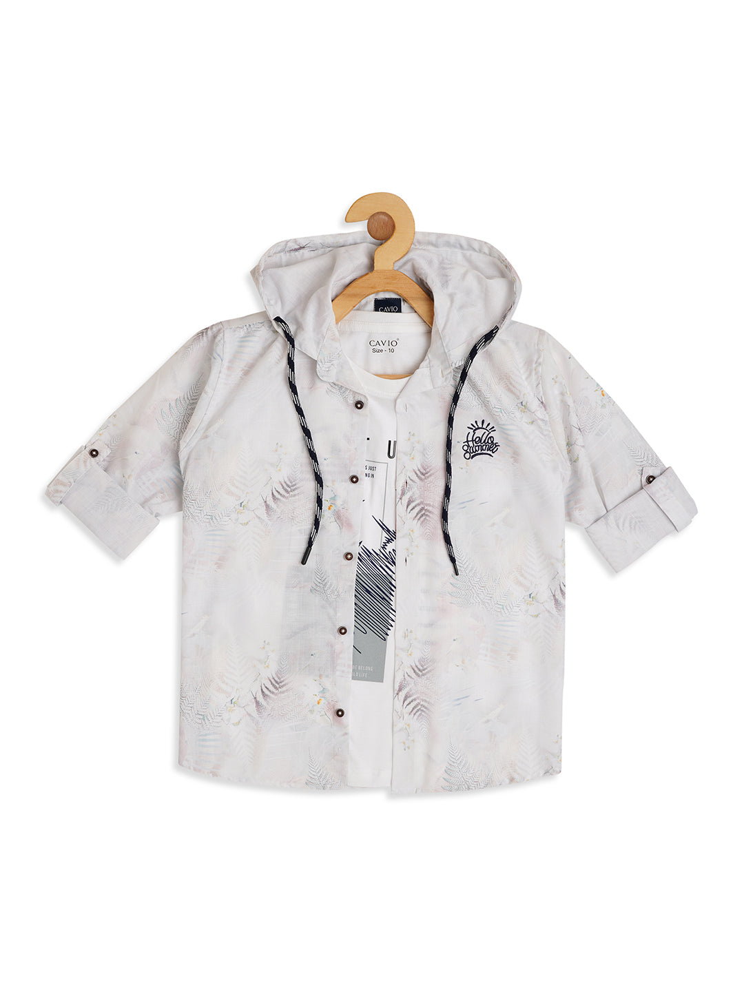 Boys Comfort Fit Floral Printed Hooded Opaque Casual Shirt With Printed T shirt