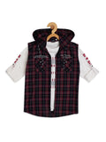 Boys Comfort Fit Tartan Checked Sleeveless Hooded Casual Shirt With Printed Tshirt