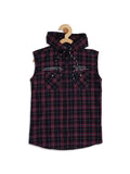 Boys Comfort Fit Tartan Checked Sleeveless Hooded Casual Shirt With Printed Tshirt