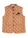 Boys Ethnic Motifs Printed Cotton Woven Nehru Jacket With Brooch & Shirt