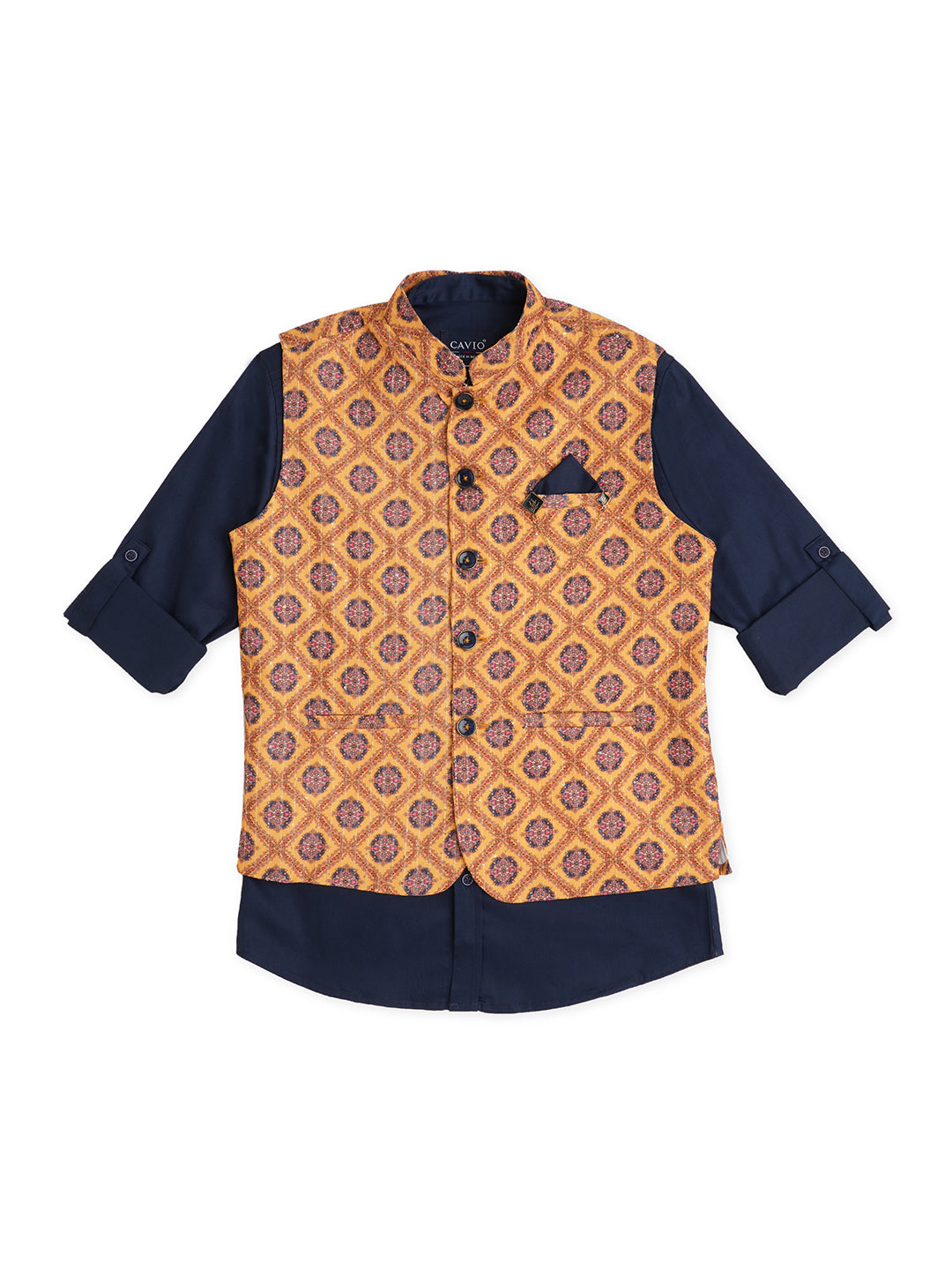 Boys Ethnic Motifs Printed Cotton Woven Nehru Jacket With Brooch & Shirt