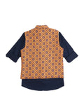 Boys Ethnic Motifs Printed Cotton Woven Nehru Jacket With Brooch & Shirt